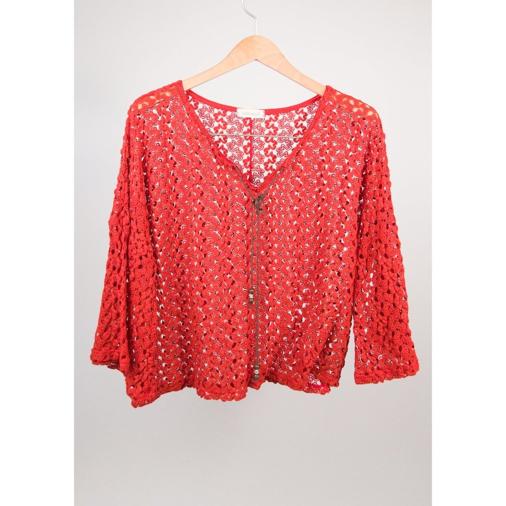 Anthro Size Small Crochet Boho Red Knit Blouse Button Up Bolero Tie Blou…